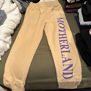Motherland Tan Joggers with Purple Logo